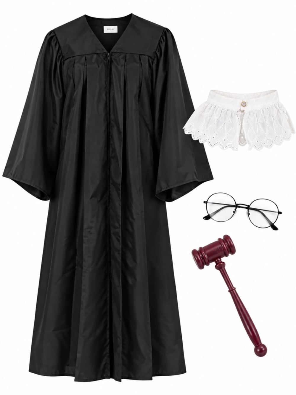 NWOT - Judge Costume with Black Robe, White Lace Collar, Gavel, and Glasses